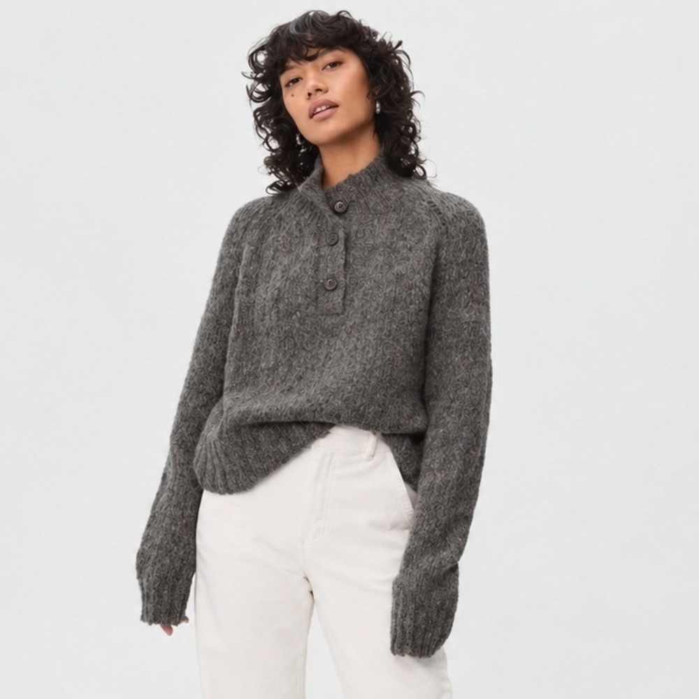 Everlane Womens Lofty Knit Henley Sweater M Charcoal Grey Alpaca Wool Chunky